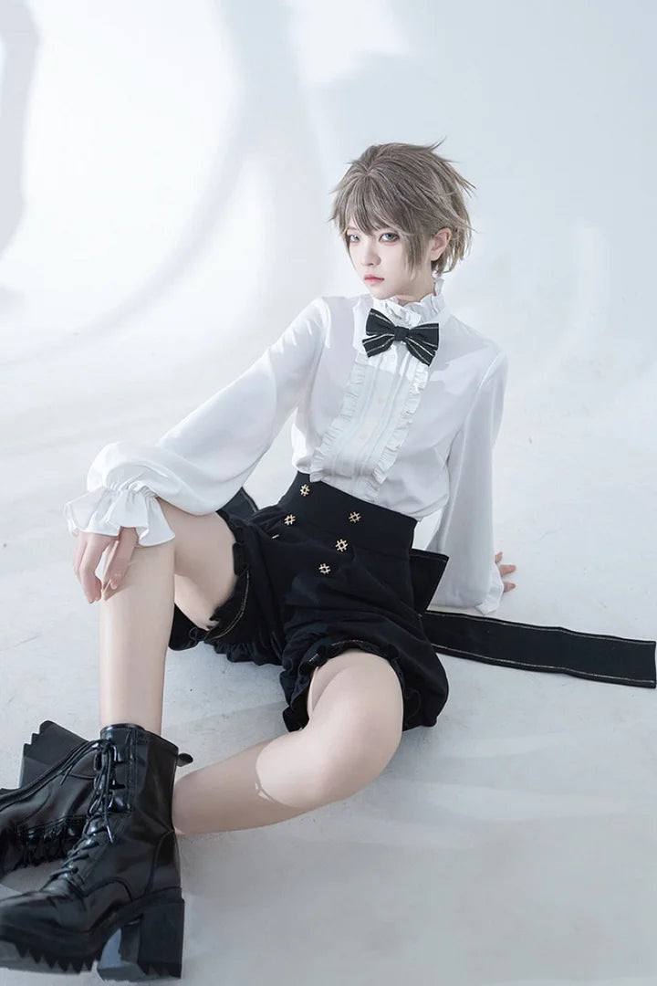 Ouji Fashion Lolita Vintage Medieval Prince Style Black Cape Shirt Set Elegant Gothic Style Blouse Shirt