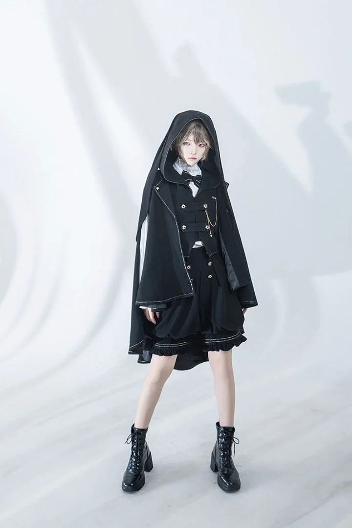 Ouji Fashion Lolita Vintage Medieval Prince Style Black Cape Shirt Set Elegant Gothic Style Blouse Shirt