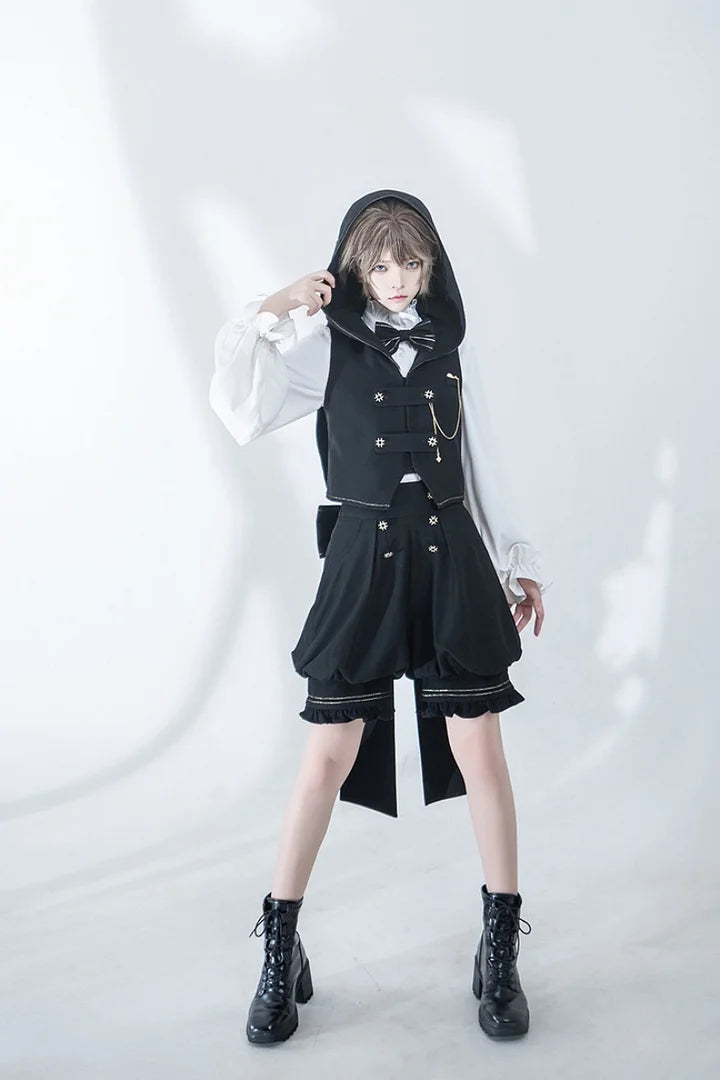Ouji Fashion Lolita Vintage Medieval Prince Style Black Cape Shirt Set Elegant Gothic Style Blouse Shirt