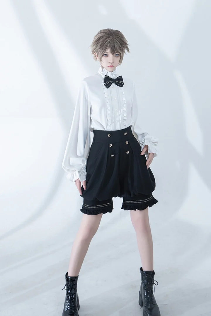 Ouji Fashion Lolita Vintage Medieval Prince Style Black Cape Shirt Set Elegant Gothic Style Blouse Shirt