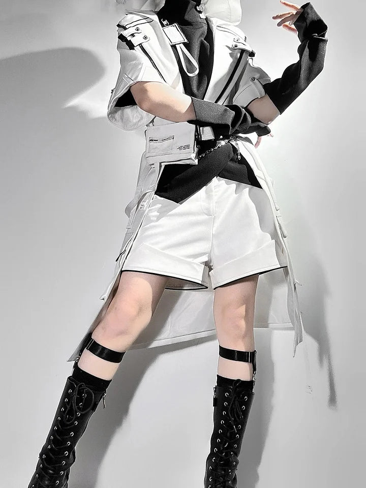 Ouji Fashion Lolita White City Tech Wear Cool Handsome Shorts Short Sleeves Cat Ear Jacket Niche