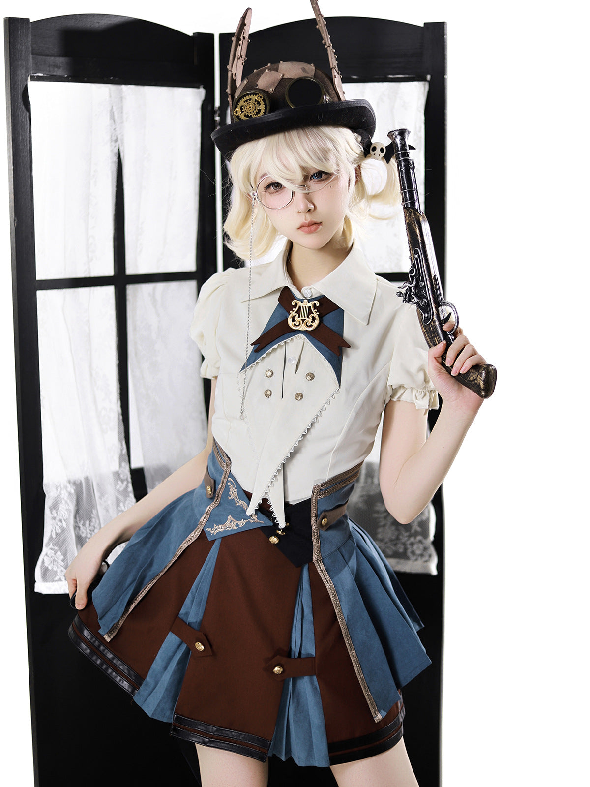 Ouji Fashion Steampunk Lolita Blouse Skirt Set Cream Brown Blue Tailor Ruffled Ensemble with Gold Accents Lolita Dress