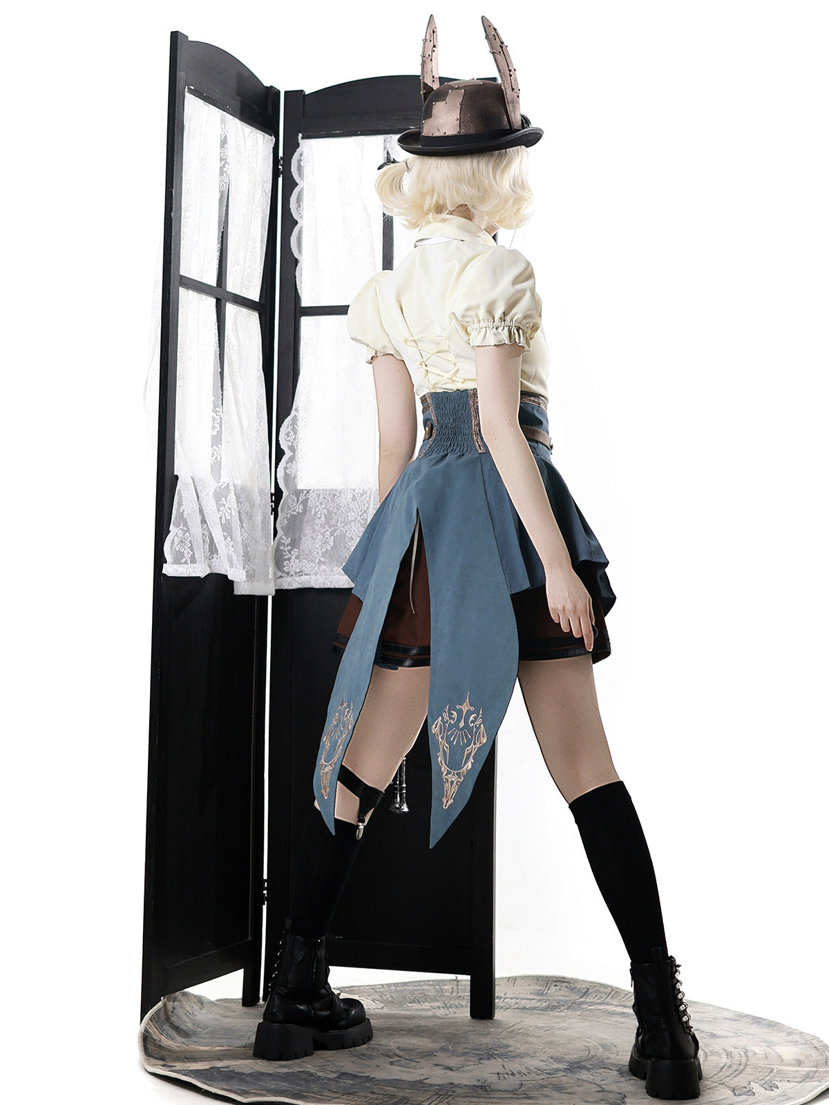 Ouji Fashion Steampunk Lolita Blouse Skirt Set Cream Brown Blue Tailor Ruffled Ensemble with Gold Accents Lolita Dress