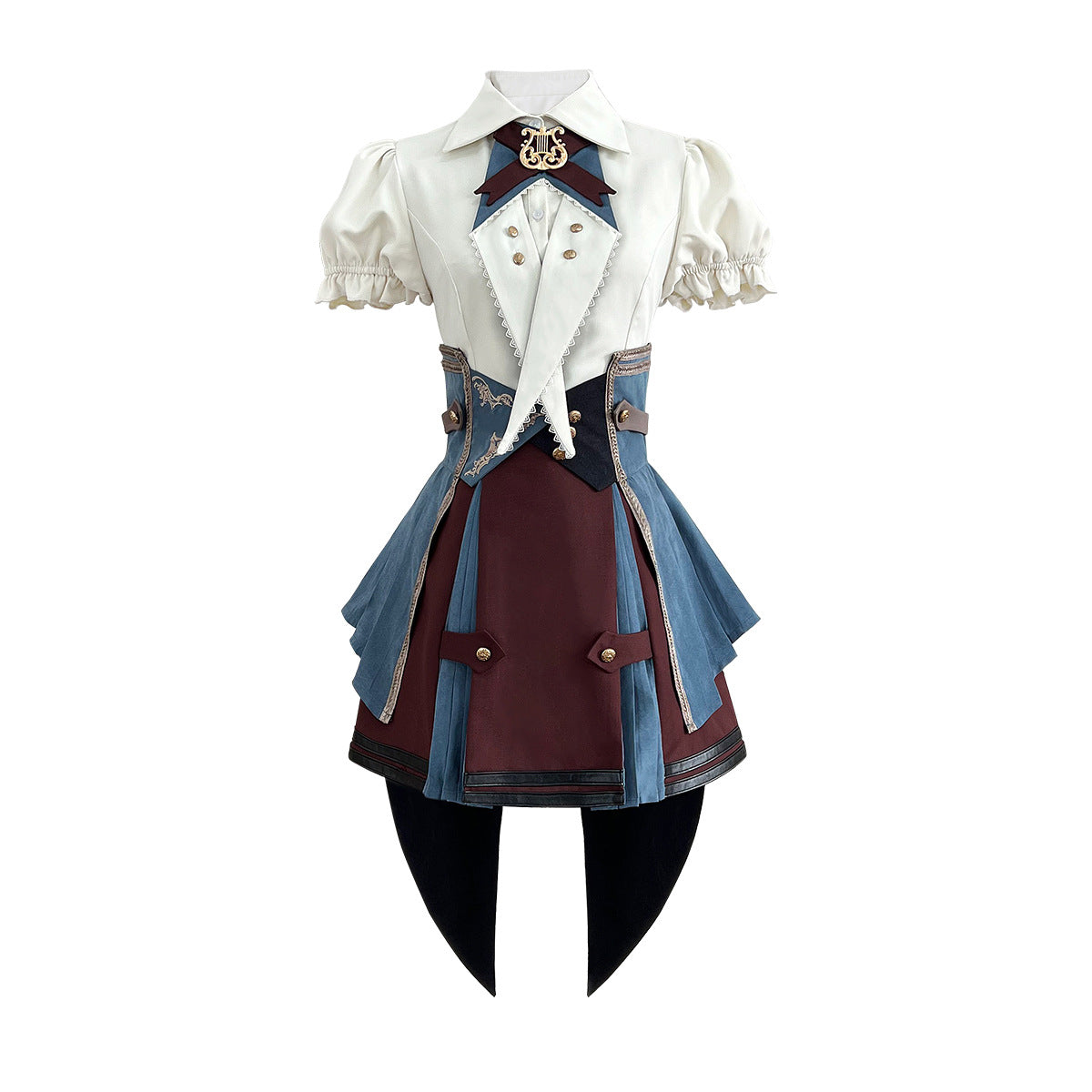 Ouji Fashion Steampunk Lolita Blouse Skirt Set Cream Brown Blue Tailor Ruffled Ensemble with Gold Accents Lolita Dress
