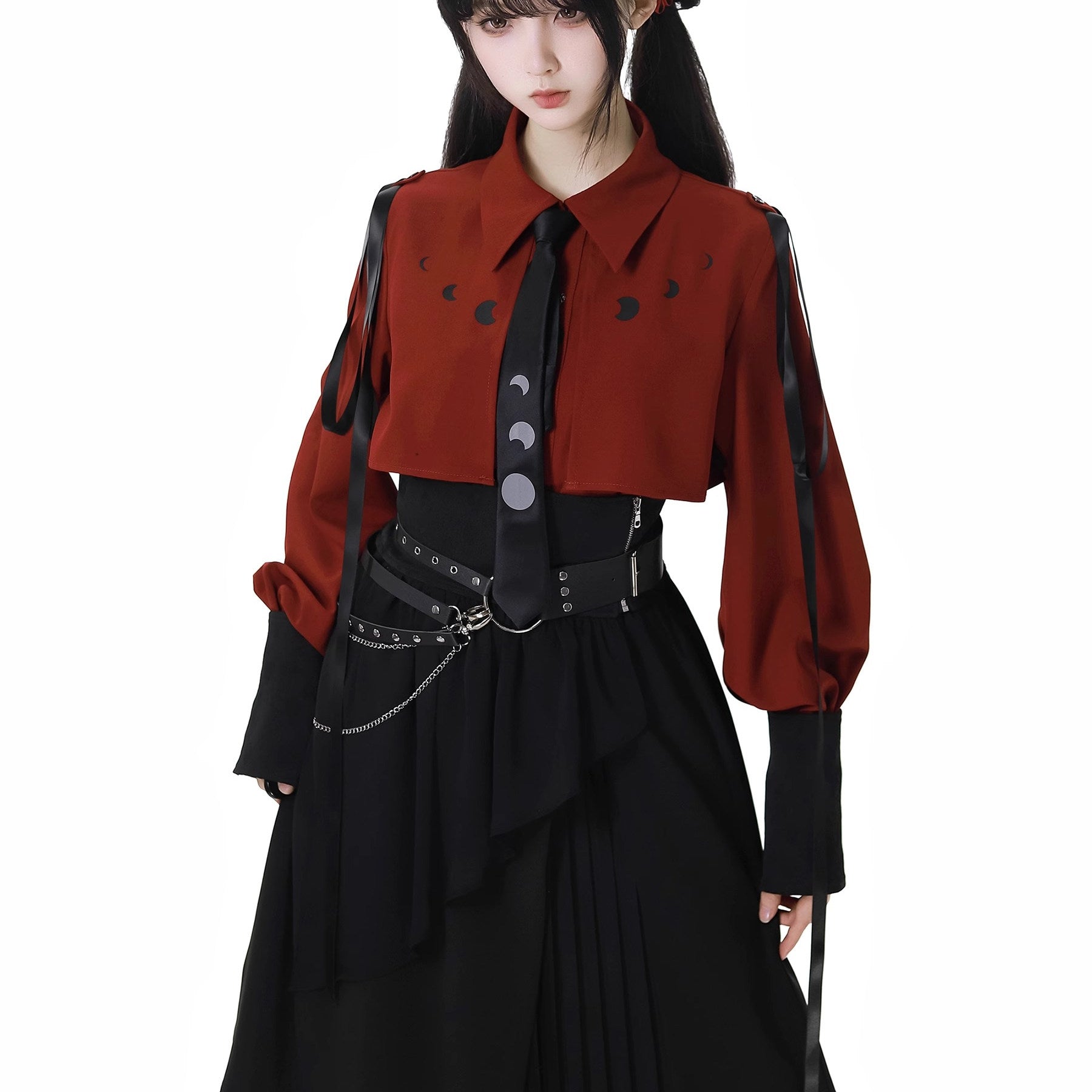 Ouji Fashion Lolita Dress Red Black Color Set Shirts with Asymmetric Skirts