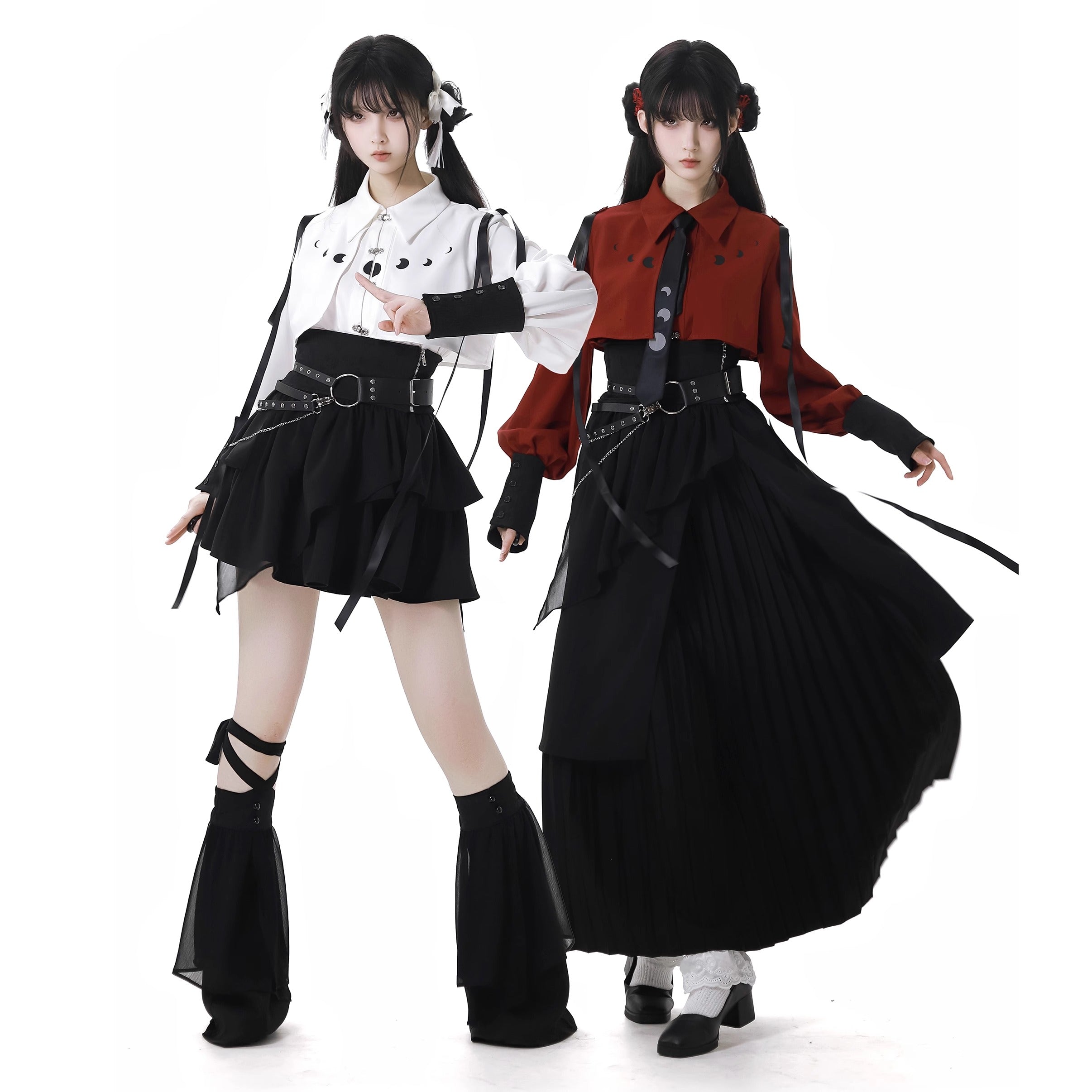 Ouji Fashion Lolita Dress Red Black Color Set Shirts with Asymmetric Skirts