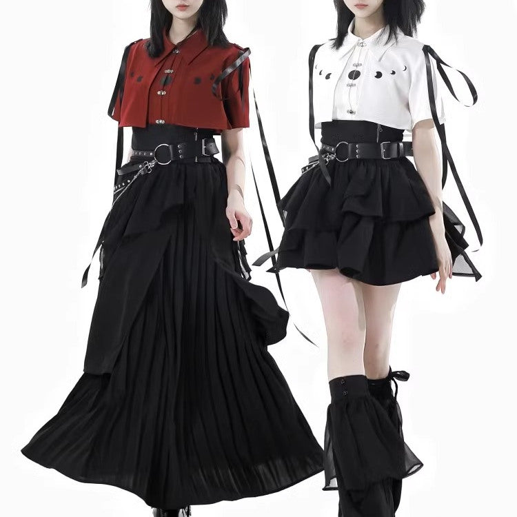 Ouji Fashion Lolita Dress Red Black Color Set Shirts with Asymmetric Skirts