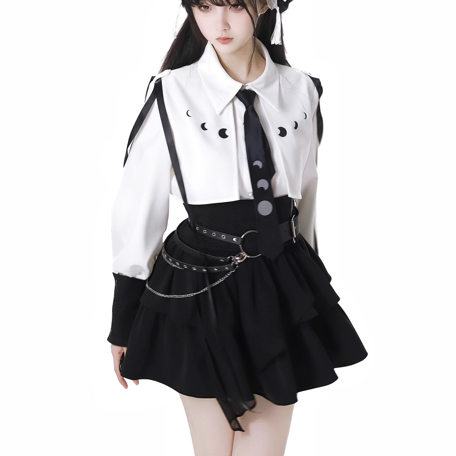 Ouji Fashion Lolita Dress Red Black Color Set Shirts with Asymmetric Skirts