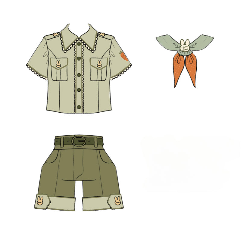 Ouji Fashion Dress Bunny Set Olive Green Short Sleeved Shirt with Suspender Skirt/Shorts Plus Size 3XL Lolita Dress