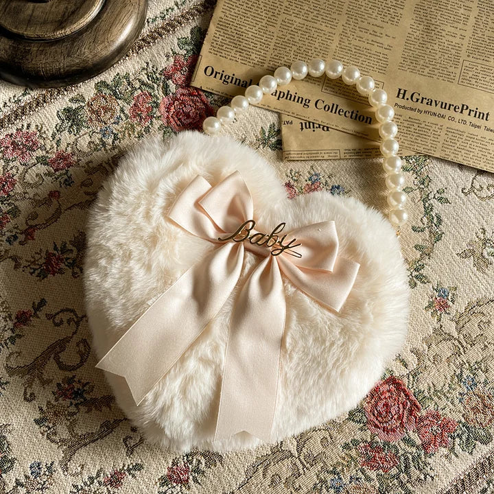 Lolita Bag Oversized Bow Love Plush Handbag Pearl Chain Jk Lolita Accessories