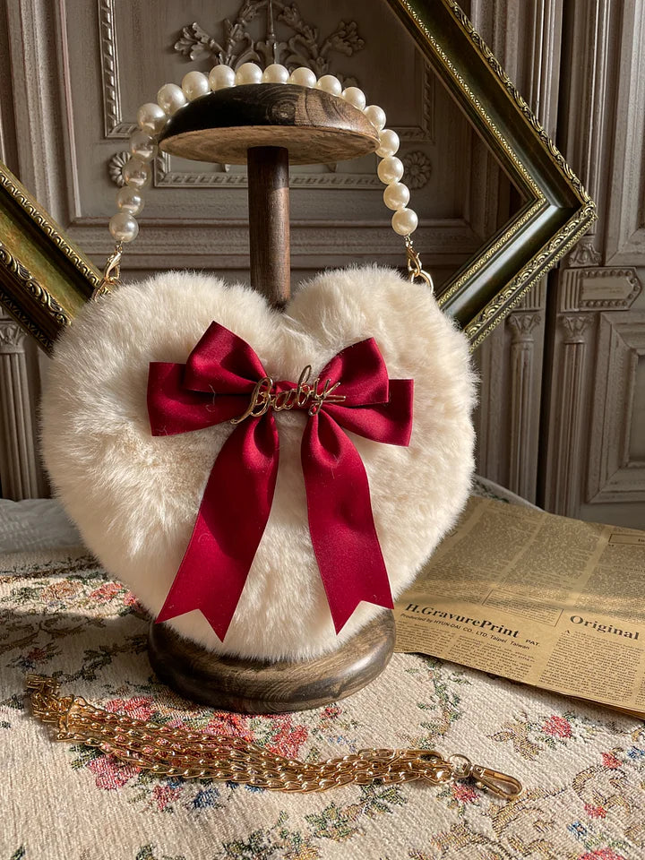 Lolita Bag Oversized Bow Love Plush Handbag Pearl Chain Jk Lolita Accessories