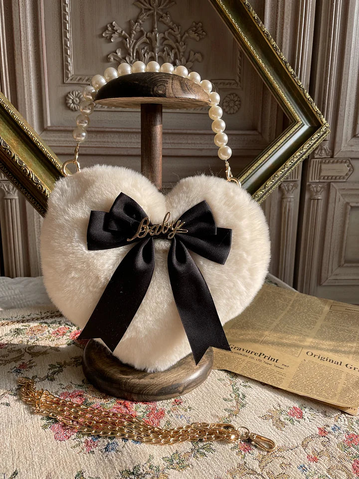 Lolita Bag Oversized Bow Love Plush Handbag Pearl Chain Jk Lolita Accessories