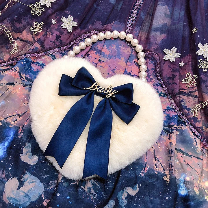 Lolita Bag Oversized Bow Love Plush Handbag Pearl Chain Jk Lolita Accessories