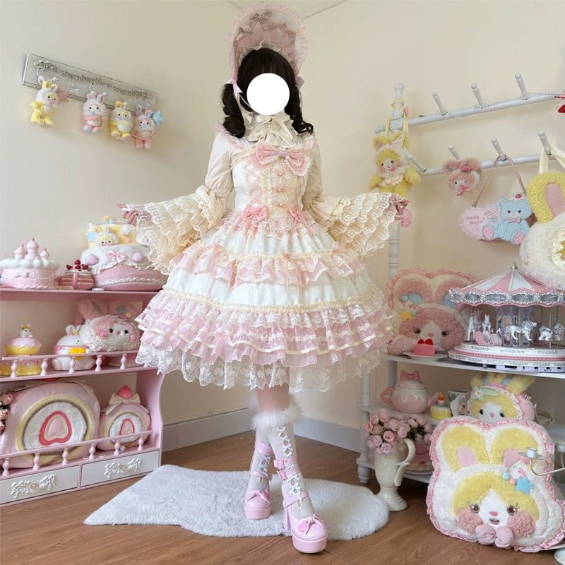 Hime Lolita Pale Yellow Princess Sleeve Dress Ruffle Hem Lolita OP
