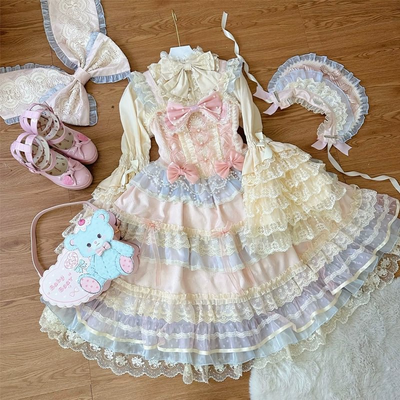 Hime Lolita Pale Yellow Princess Sleeve Dress Ruffle Hem Lolita OP