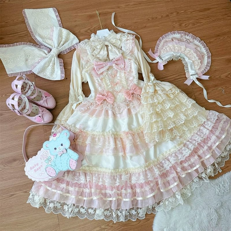 Hime Lolita Pale Yellow Princess Sleeve Dress Ruffle Hem Lolita OP