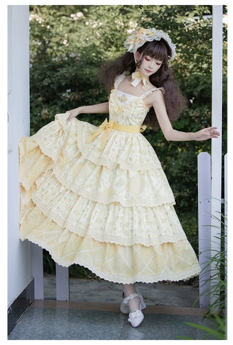 Pale Yellow Rustic Light Lolita Four Segment Printed Dress Cute Sweet Department