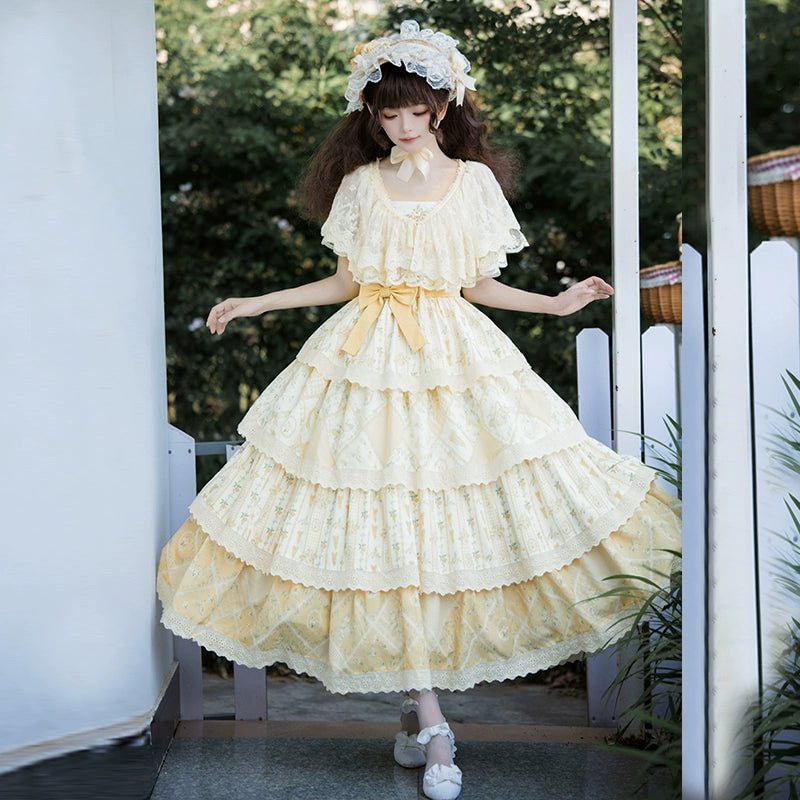 Pale Yellow Rustic Light Lolita Four Segment Printed Dress Cute Sweet Department
