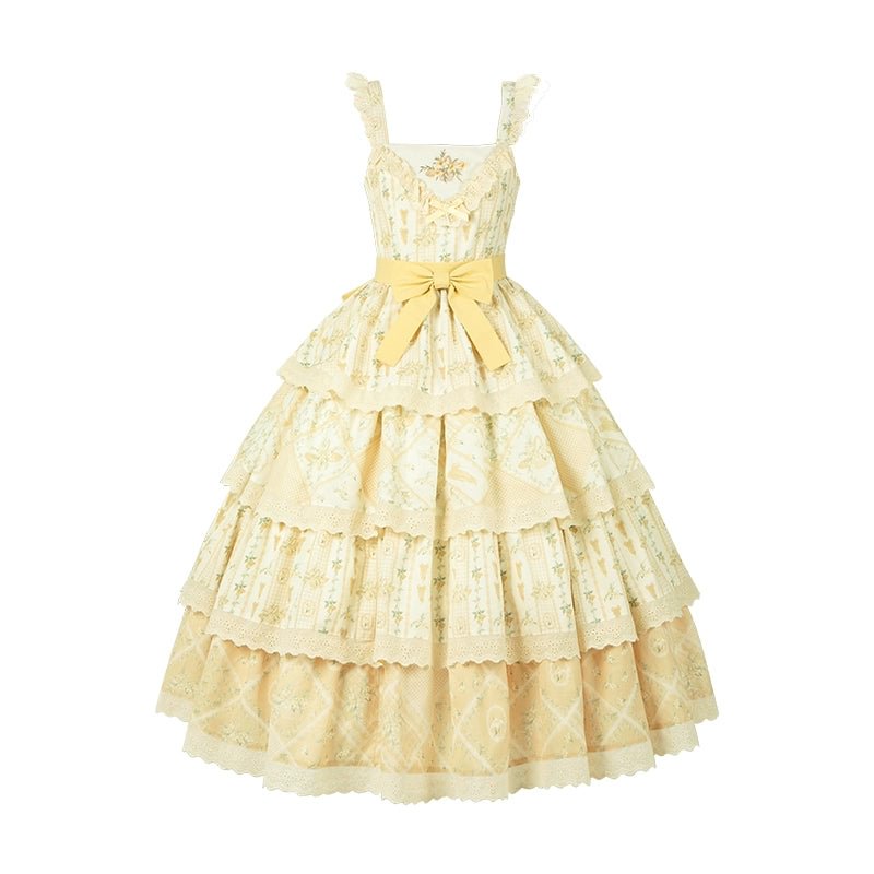 Pale Yellow Rustic Light Lolita Four Segment Printed Dress Cute Sweet Department