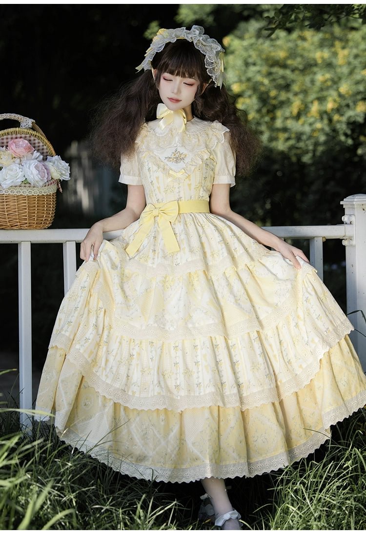 Pale Yellow Rustic Light Lolita Four Segment Printed Dress Cute Sweet Department