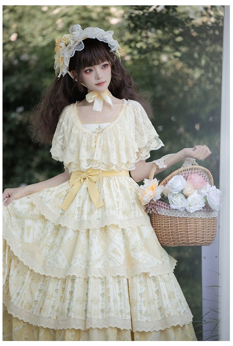 Pale Yellow Rustic Light Lolita Four Segment Printed Dress Cute Sweet Department