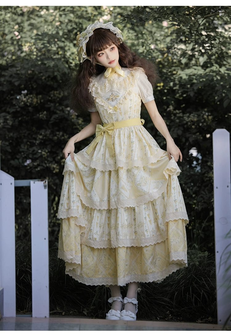 Pale Yellow Rustic Light Lolita Four Segment Printed Dress Cute Sweet Department