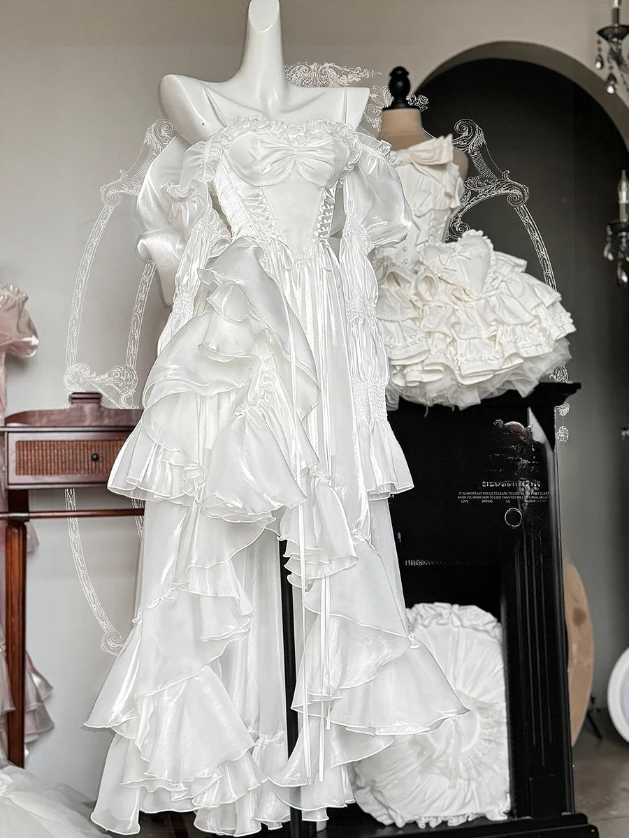 Wedding Lolita Party Ruffle Irregular Long Dress Spring Summer Blue Pink