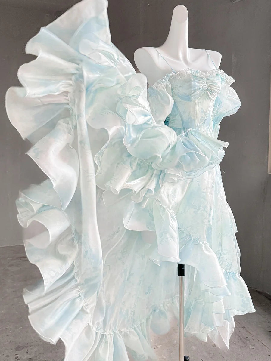Wedding Lolita Party Ruffle Irregular Long Dress Spring Summer Blue Pink