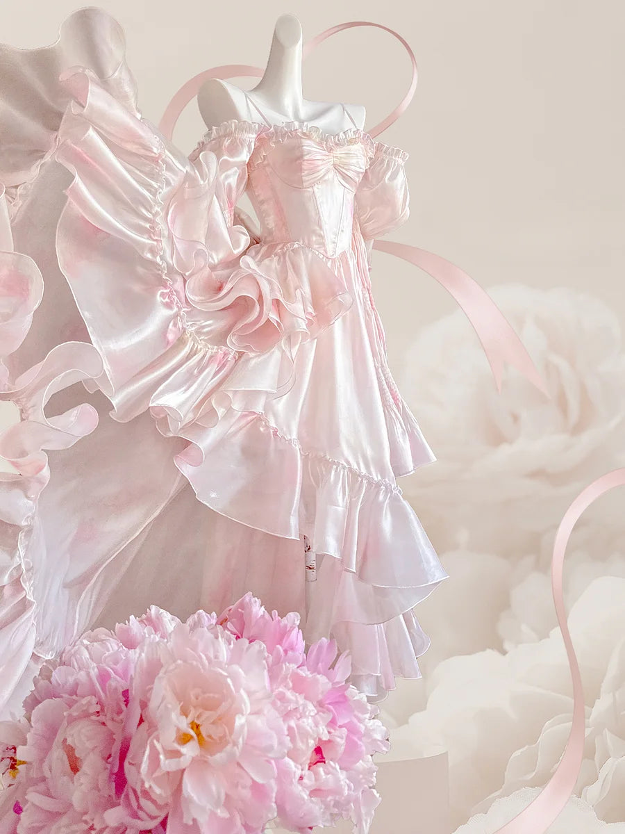 Wedding Lolita Party Ruffle Irregular Long Dress Spring Summer Blue Pink