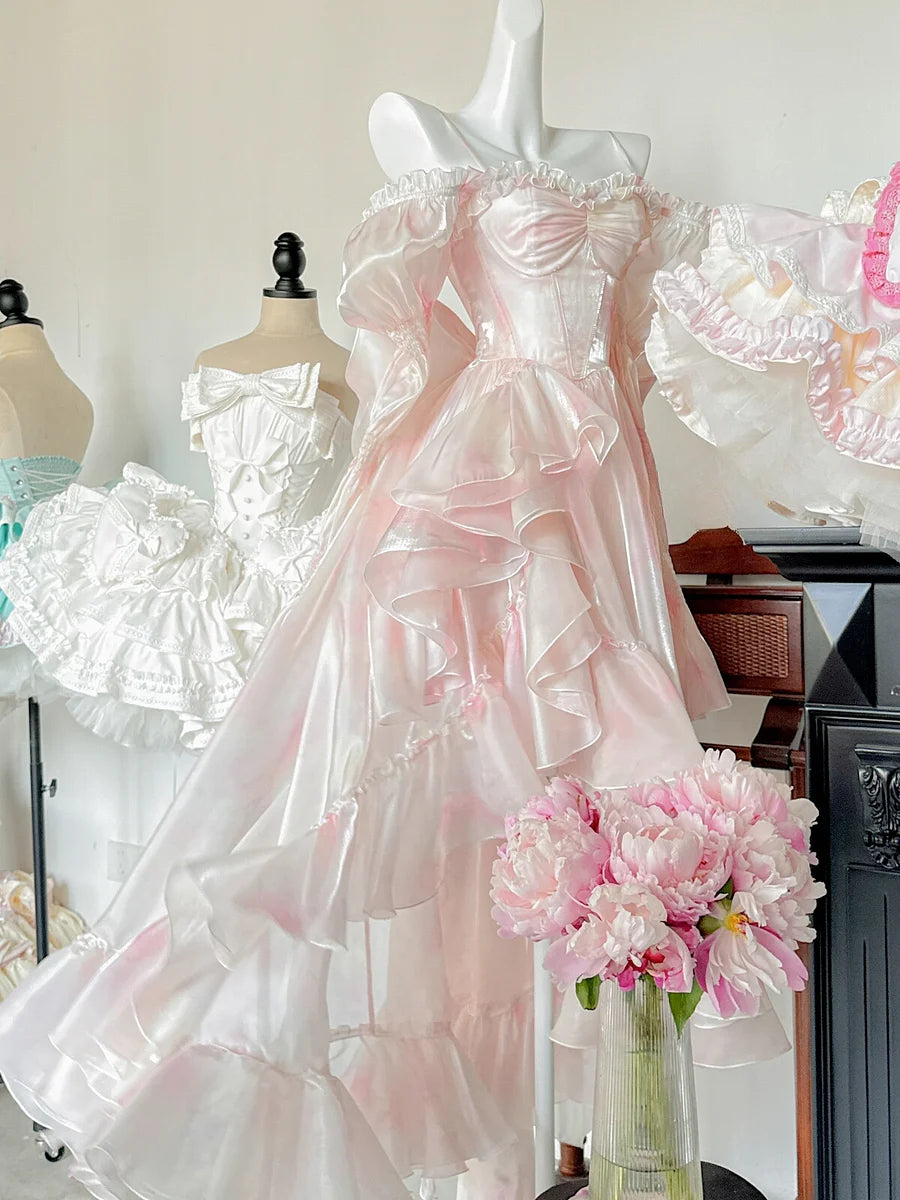 Wedding Lolita Party Ruffle Irregular Long Dress Spring Summer Blue Pink