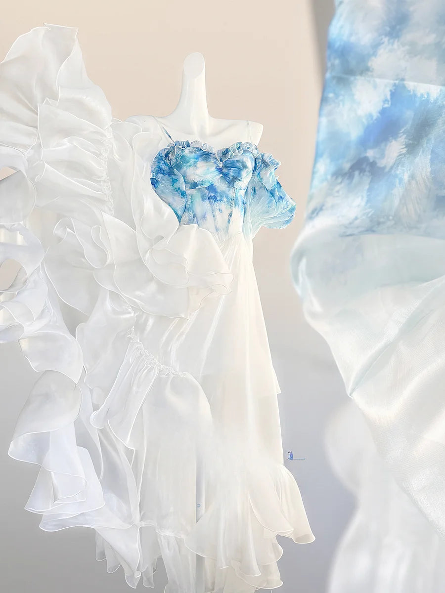 Wedding Lolita Party Ruffle Irregular Long Dress Spring Summer Blue Pink