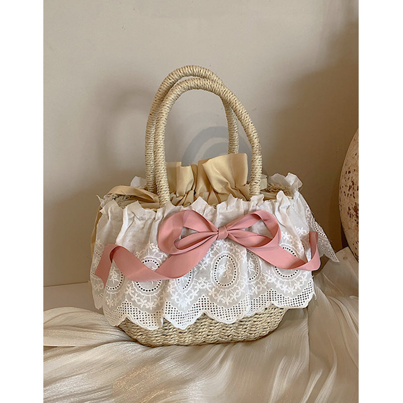 Pastoral Lolita Accessories Pink Bow Ballet Elegant Portable Lolita Beach Straw Women's Bag