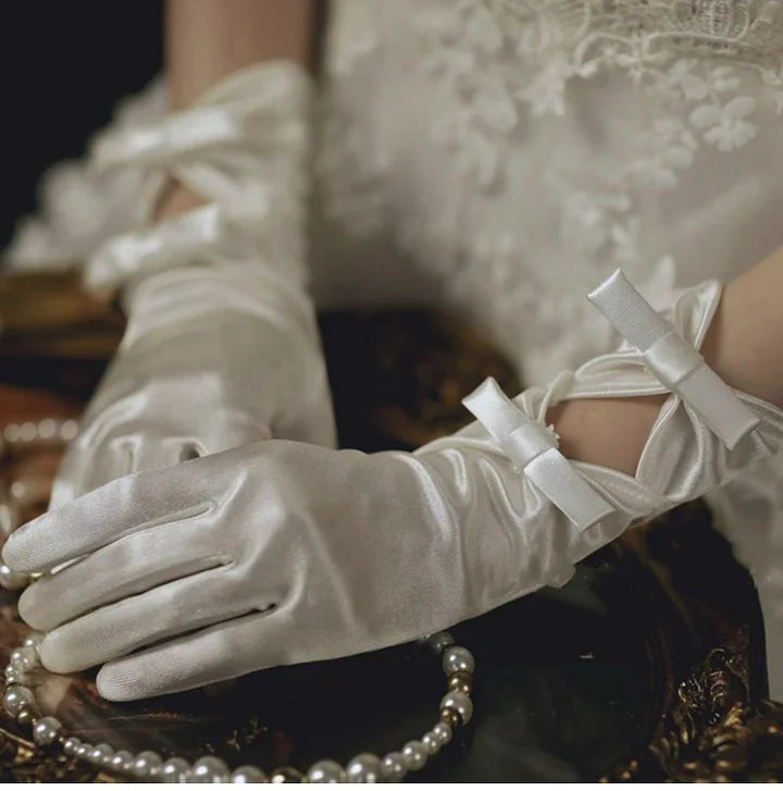 Pearl White Bridal Satin Bow Gloves Elegant Vintage Short Gloves Wedding