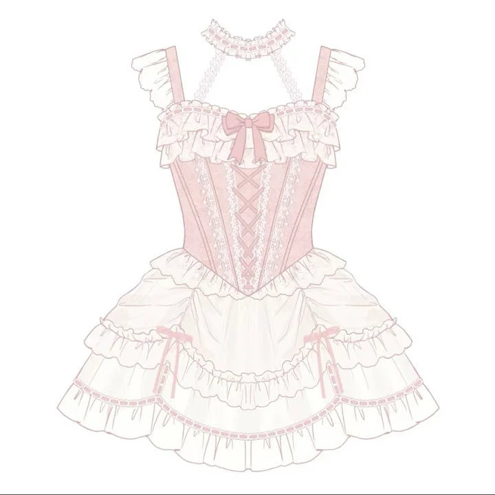 Pink Lace Princess Lolita Dress Sweet Bow Slip Short Dress