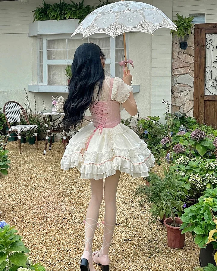 Pink Lace Princess Lolita Dress Sweet Bow Slip Short Dress