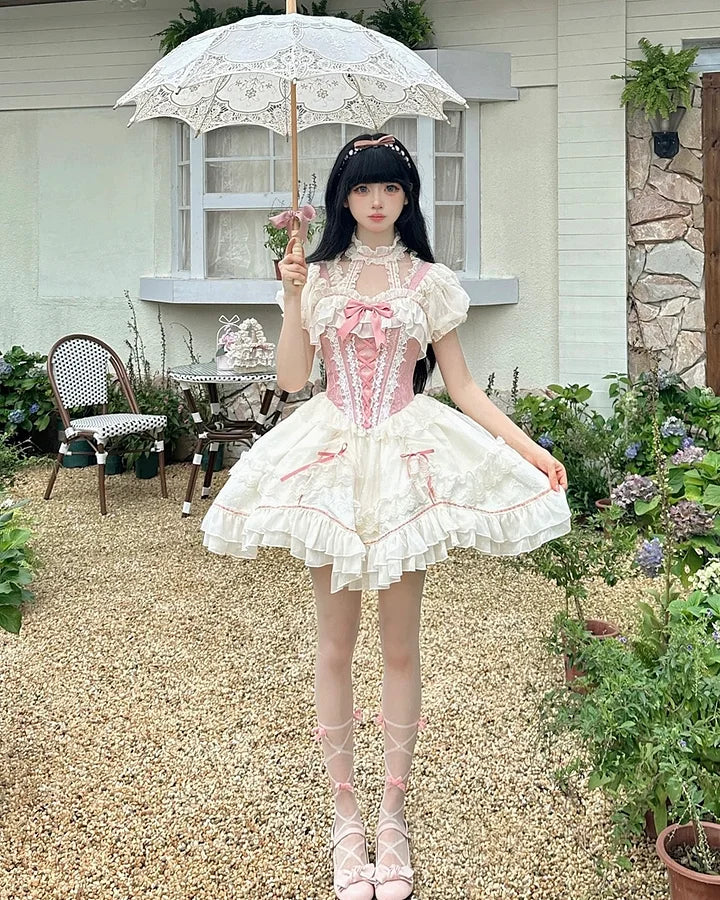Pink Lace Princess Lolita Dress Sweet Bow Slip Short Dress