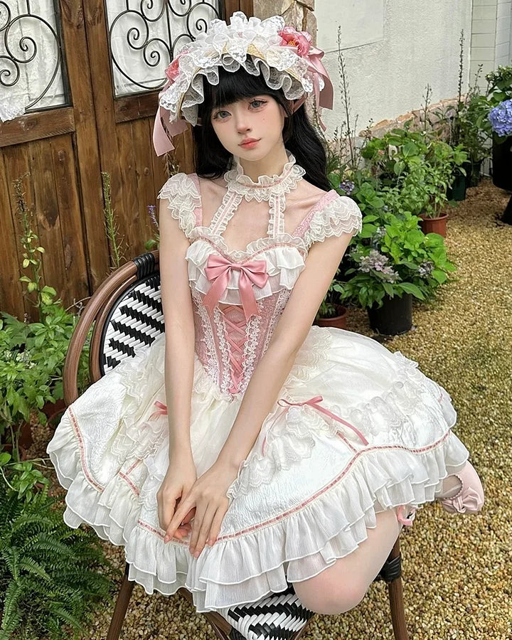Pink Lace Princess Lolita Dress Sweet Bow Slip Short Dress