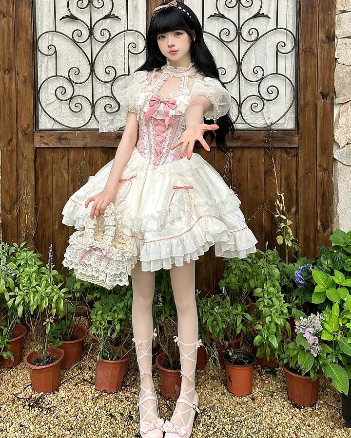 Pink Lace Princess Lolita Dress Sweet Bow Slip Short Dress