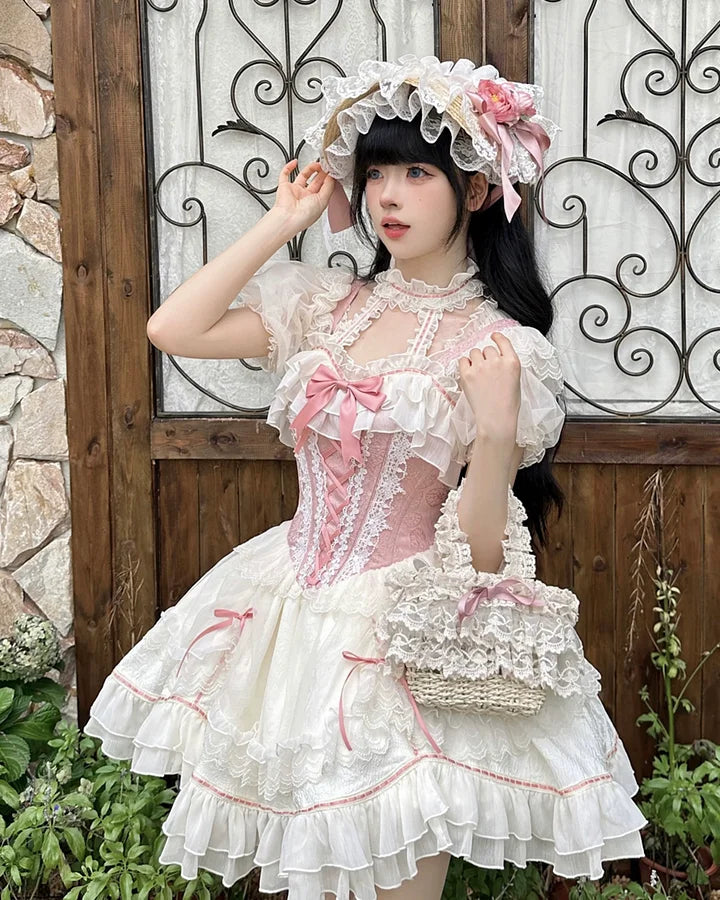 Pink Lace Princess Lolita Dress Sweet Bow Slip Short Dress