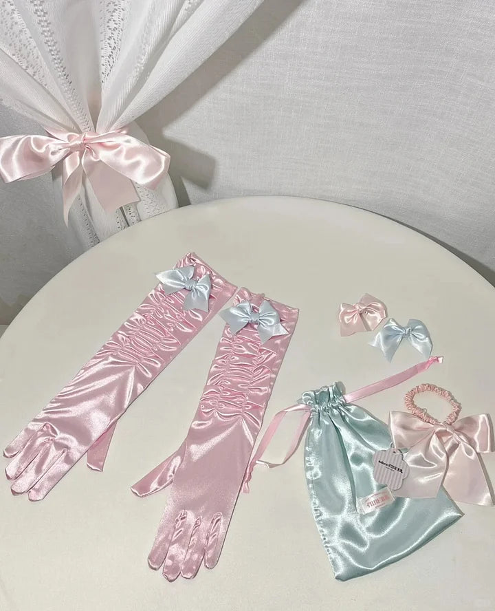 Pink Satin Bow Long Gloves Princess Style Elegant Sweet