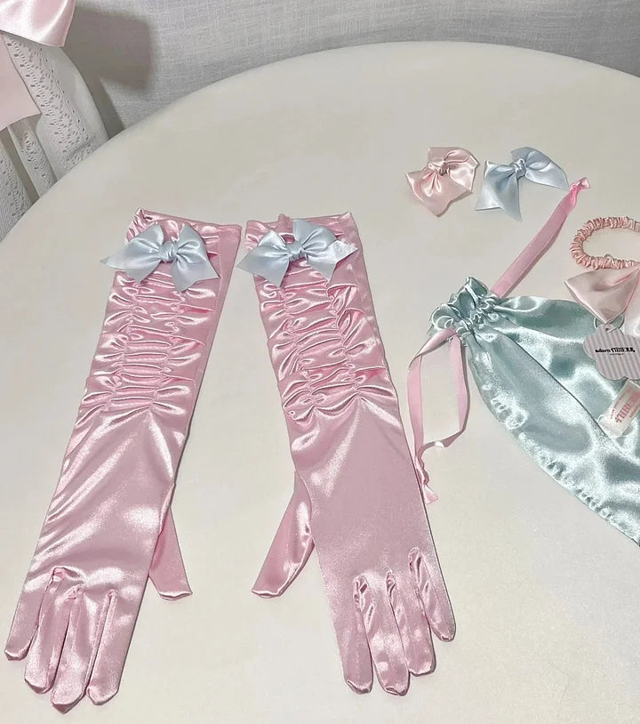 Pink Satin Bow Long Gloves Princess Style Elegant Sweet