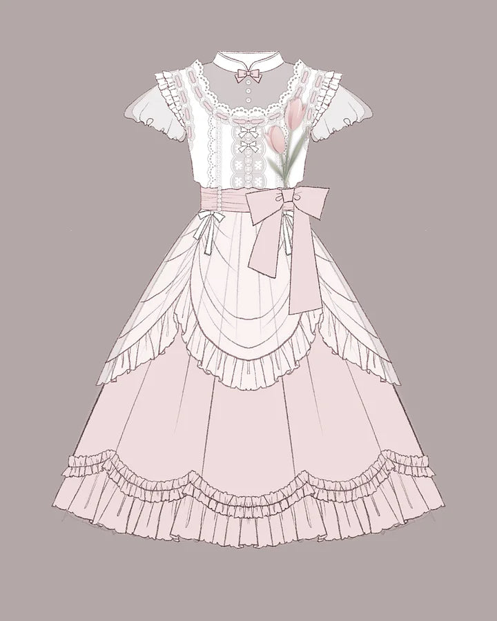 Pink Tulips Sweet Lolita Dress OP Elegant Lace Ruffles Princess Dress Daily Wear