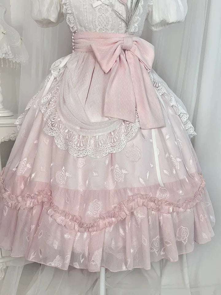 Pink Tulips Sweet Lolita Dress OP Elegant Lace Ruffles Princess Dress Daily Wear