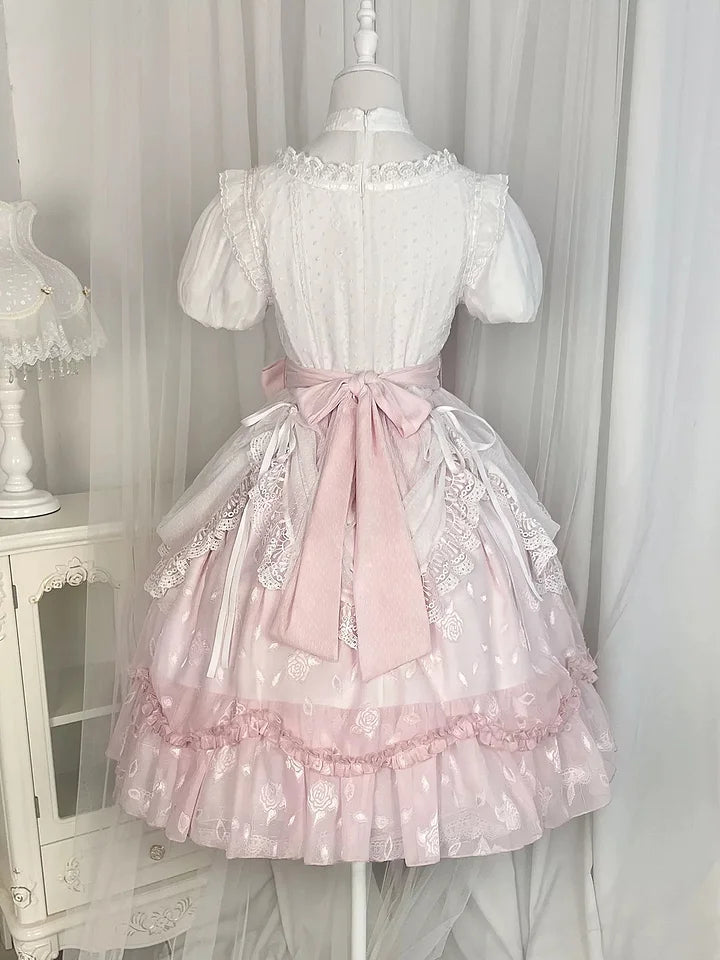 Pink Tulips Sweet Lolita Dress OP Elegant Lace Ruffles Princess Dress Daily Wear