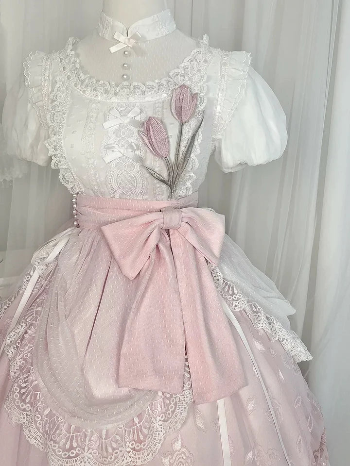 Pink Tulips Sweet Lolita Dress OP Elegant Lace Ruffles Princess Dress Daily Wear