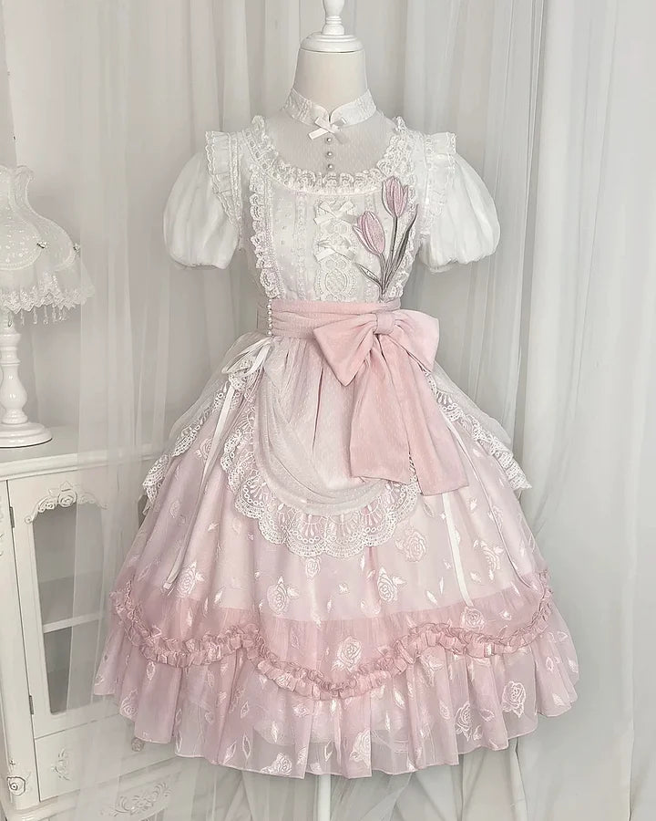 Pink Tulips Sweet Lolita Dress OP Elegant Lace Ruffles Princess Dress Daily Wear