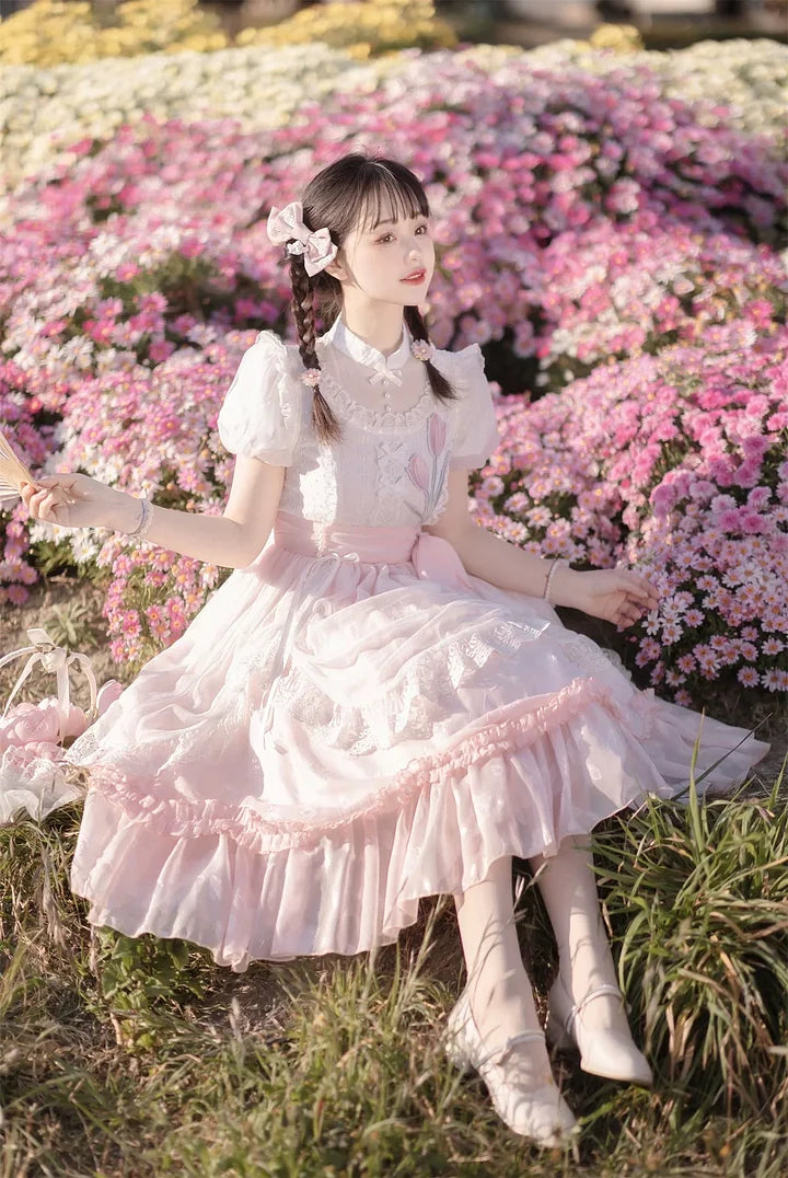 Pink Tulips Sweet Lolita Dress OP Elegant Lace Ruffles Princess Dress Daily Wear