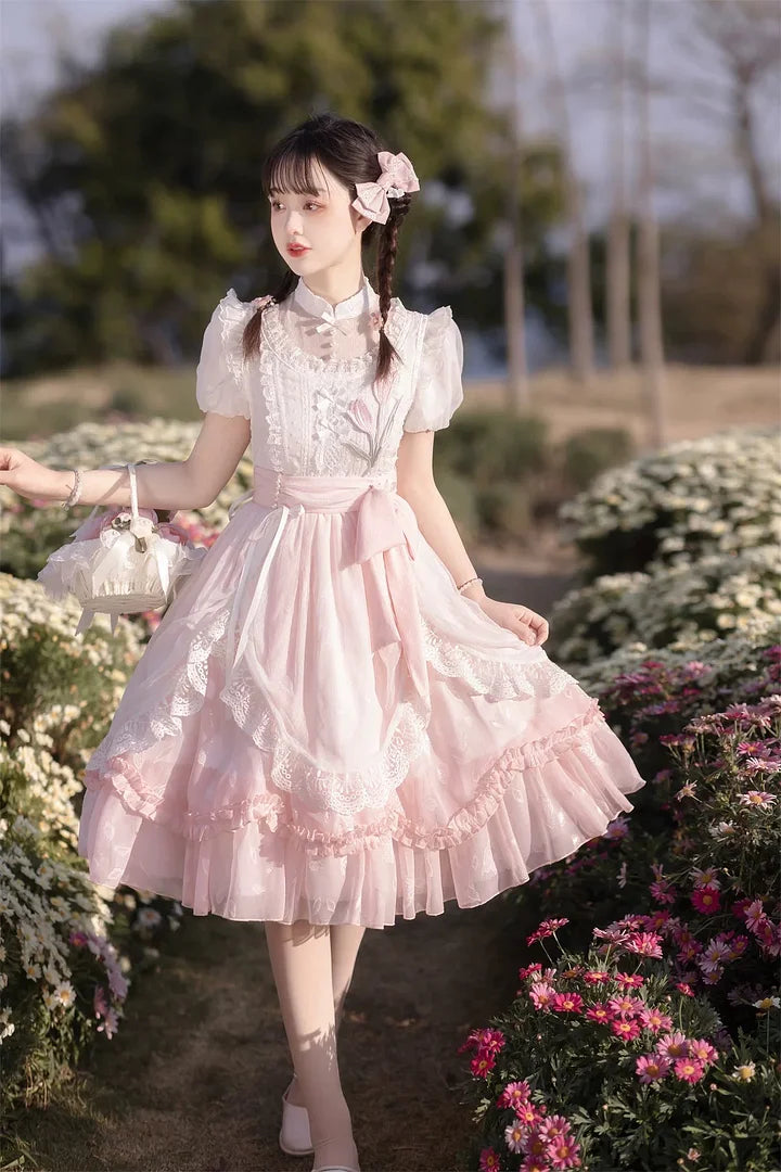 Pink Tulips Sweet Lolita Dress OP Elegant Lace Ruffles Princess Dress Daily Wear