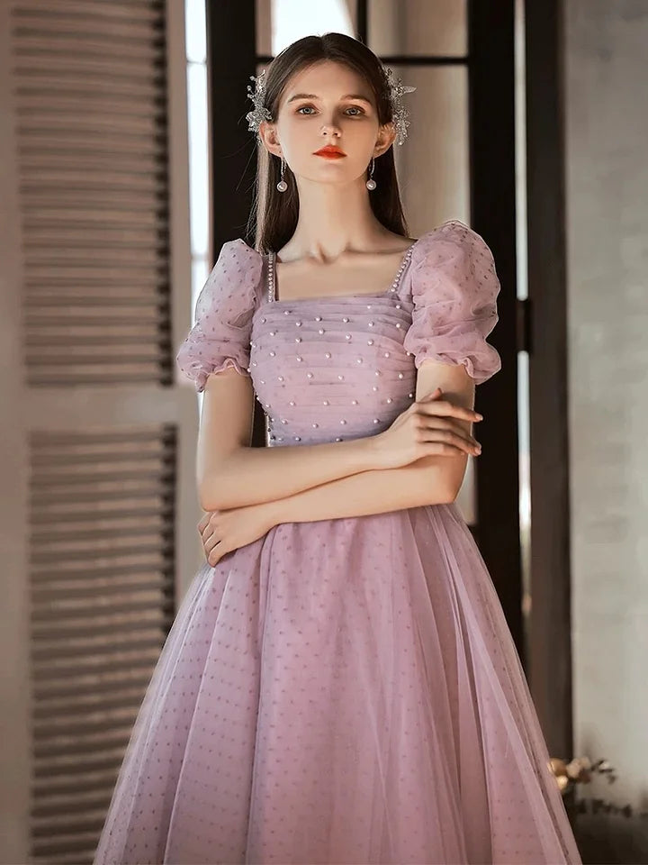 Hime Lolita Pink and Purple Elegant Princess Evening Fairy Prom Dress Puff Sleeves