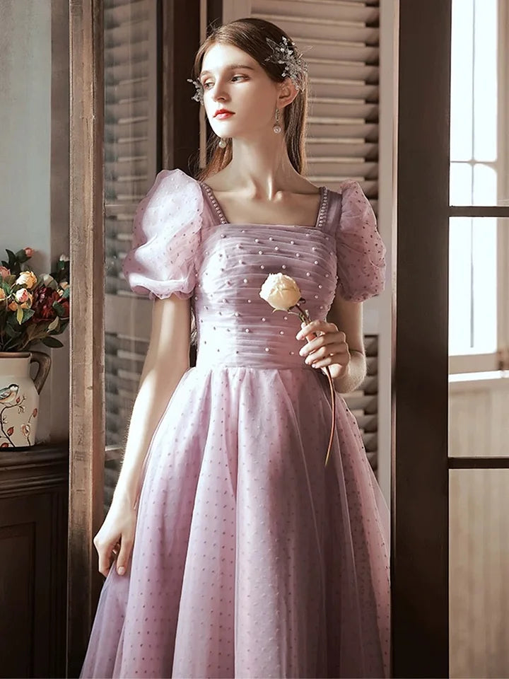 Hime Lolita Pink and Purple Elegant Princess Evening Fairy Prom Dress Puff Sleeves
